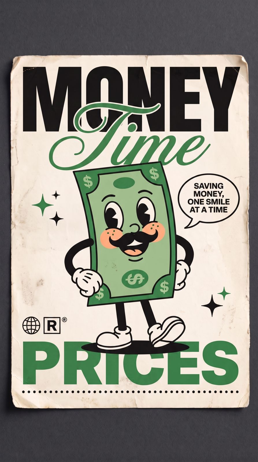 Retro cartoon dollar-bill mascot on a vintage "Money Time Prices" poster