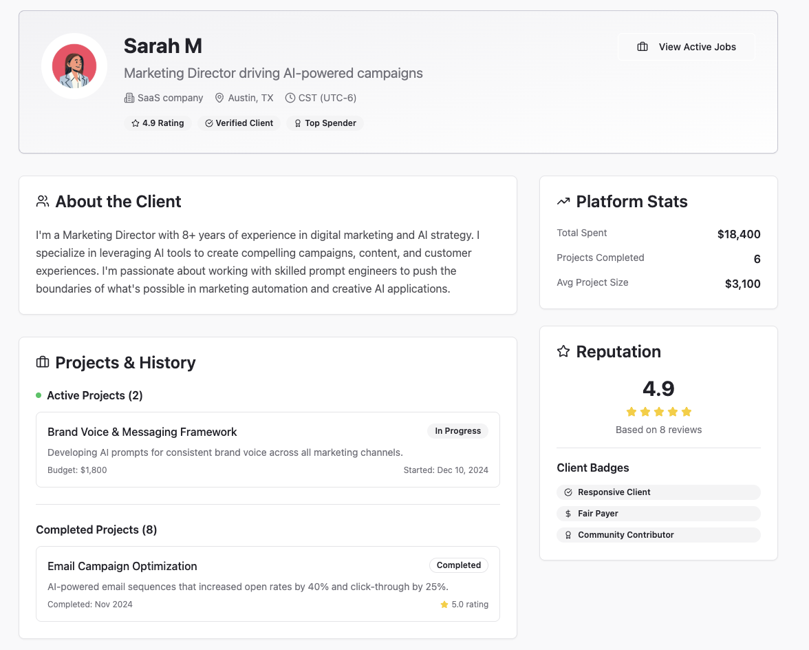 Client profile interface showing company details, experience, platform stats and project history