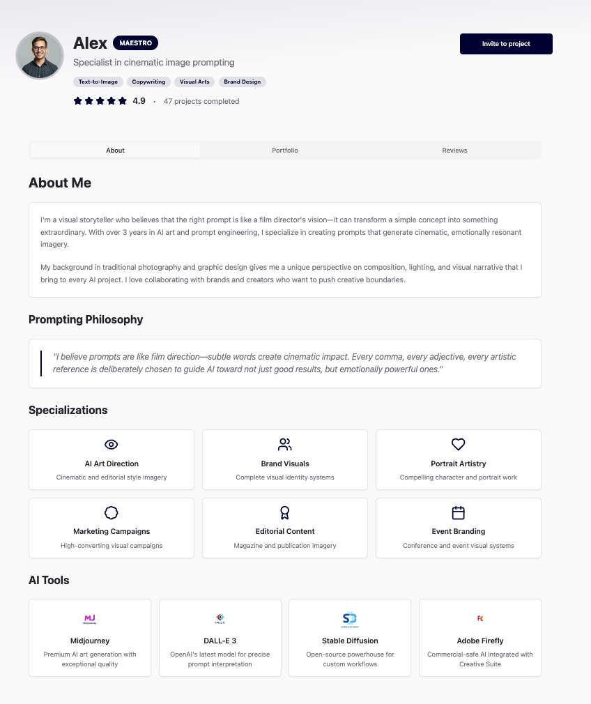 Promptist profile About section showing bio, philosophy and specializations