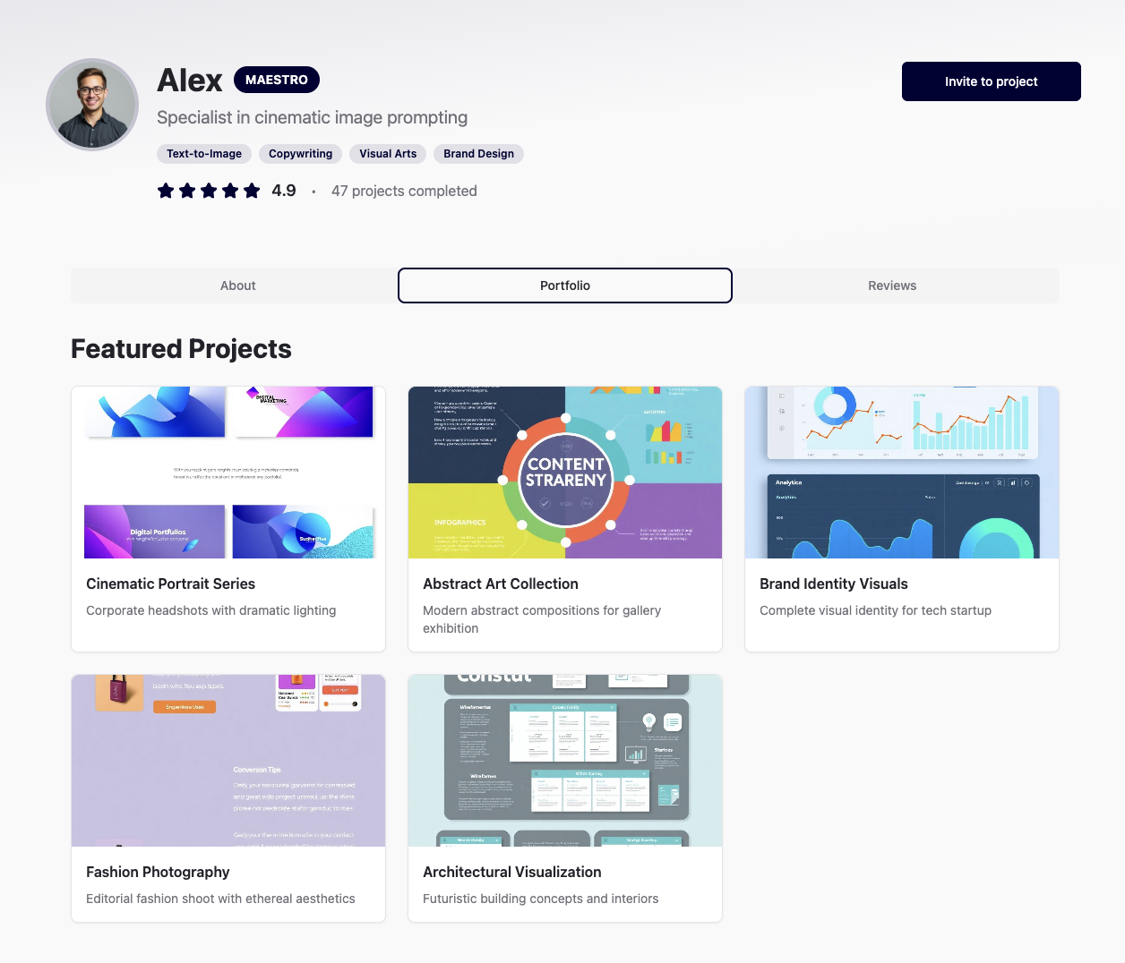 Promptist profile Portfolio section showing featured projects and case studies