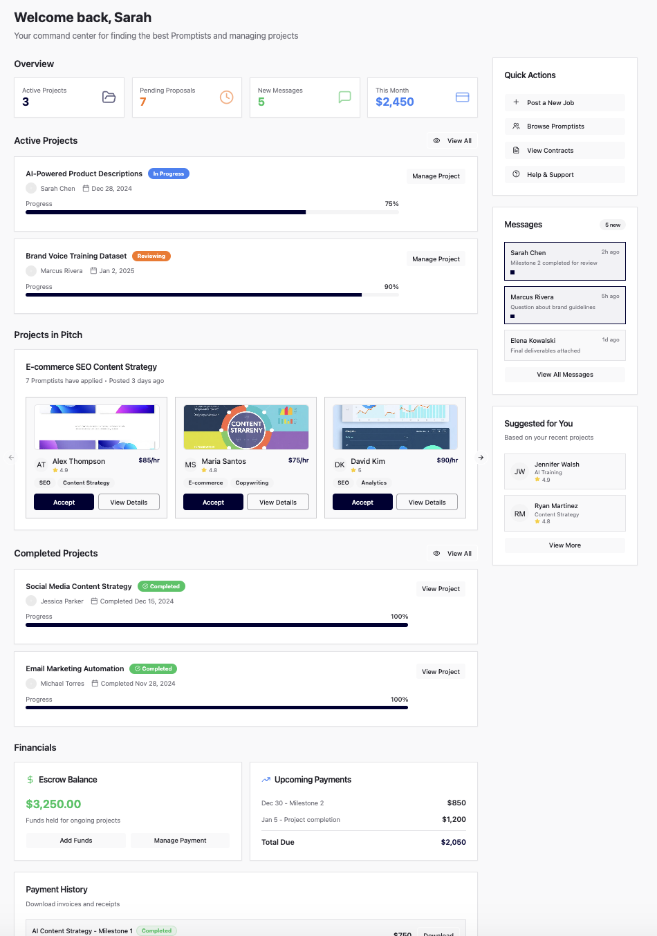 Client dashboard showing active projects, proposals, messages, overview metrics and project management tools