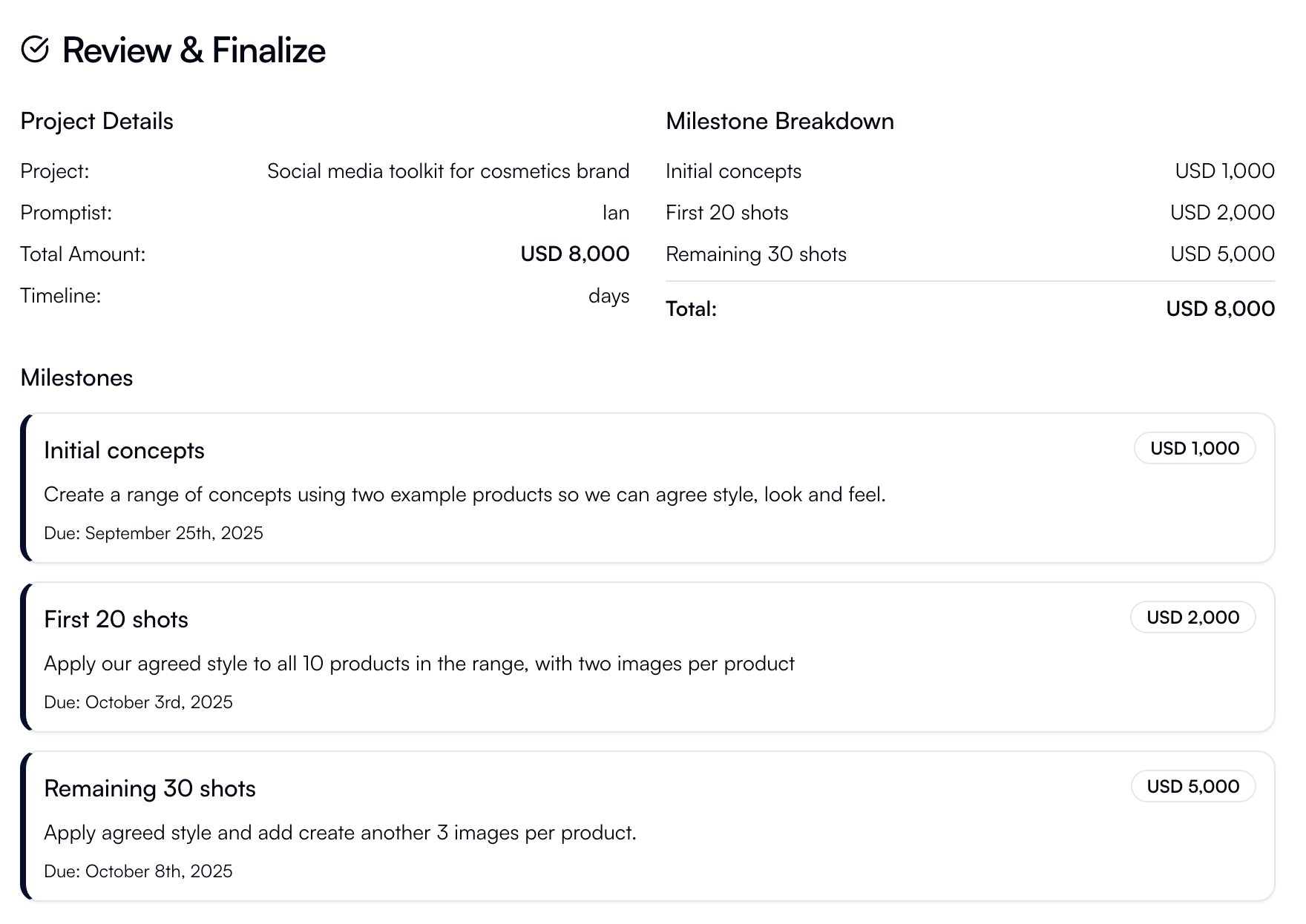 Project milestone breakdown showing payment structure, deliverable timeline and milestone details