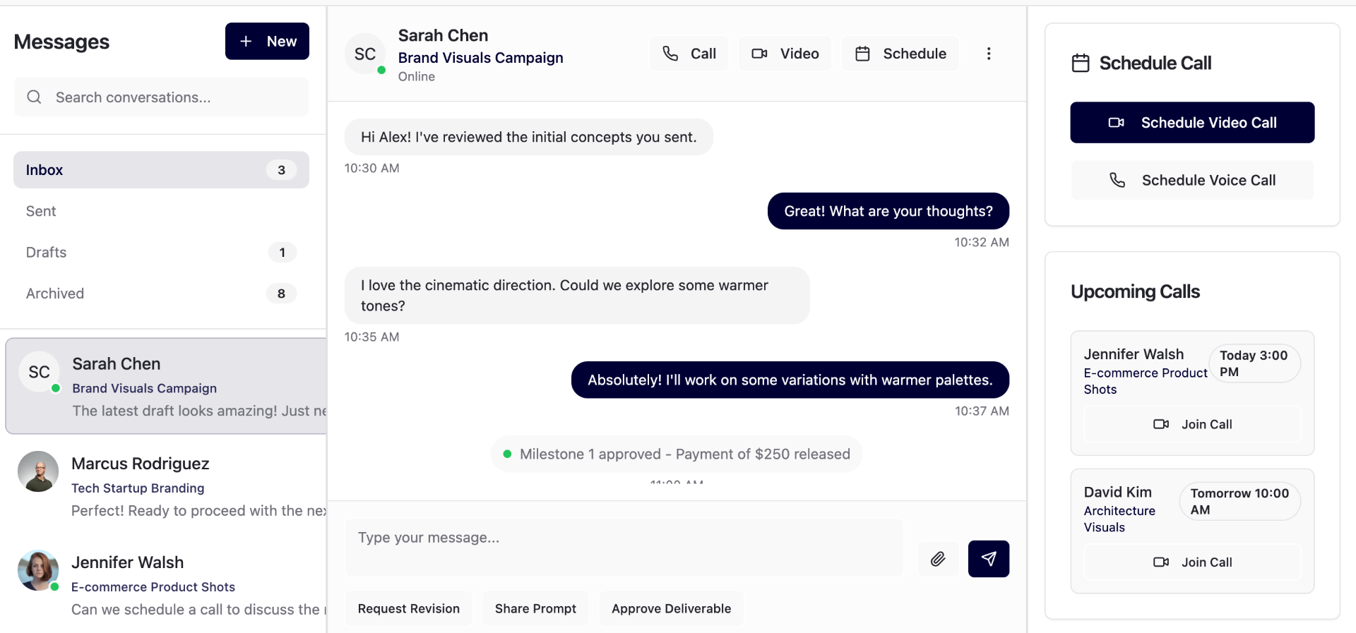 Integrated messaging interface with video calling, scheduling and project collaboration features