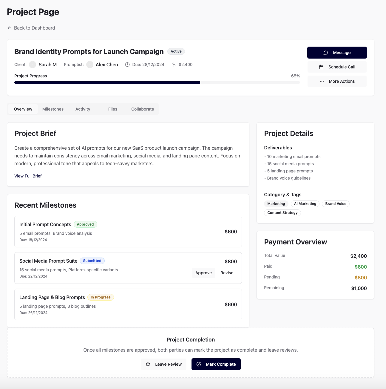 Project completion page showing successful delivery, milestones achieved, payment overview and client satisfaction