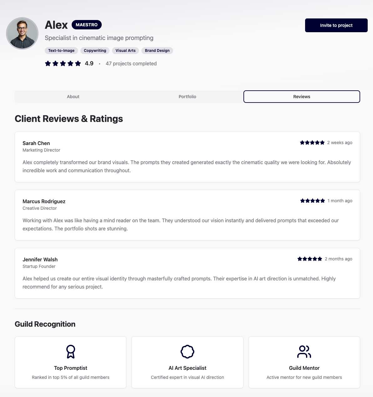 Profile Reviews section showing client feedback and guild recognition