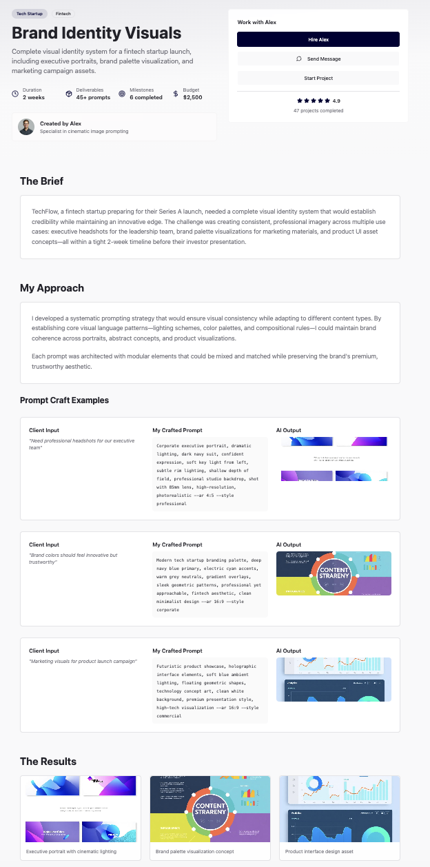 Project deep dive showing Brand Identity Visuals project with brief, approach, prompt examples and results