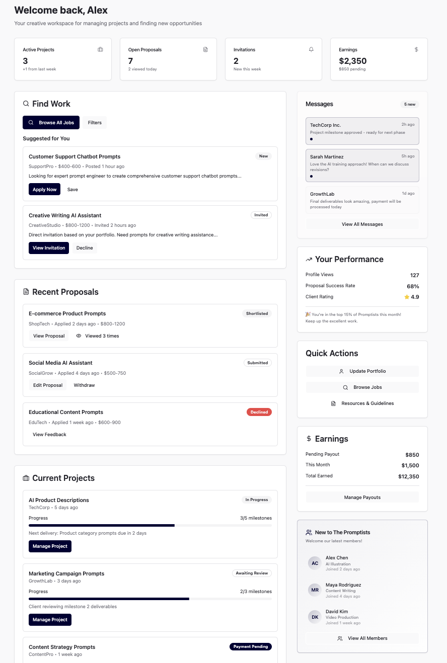 Personal dashboard showing active projects, proposals, messages, performance metrics and earnings