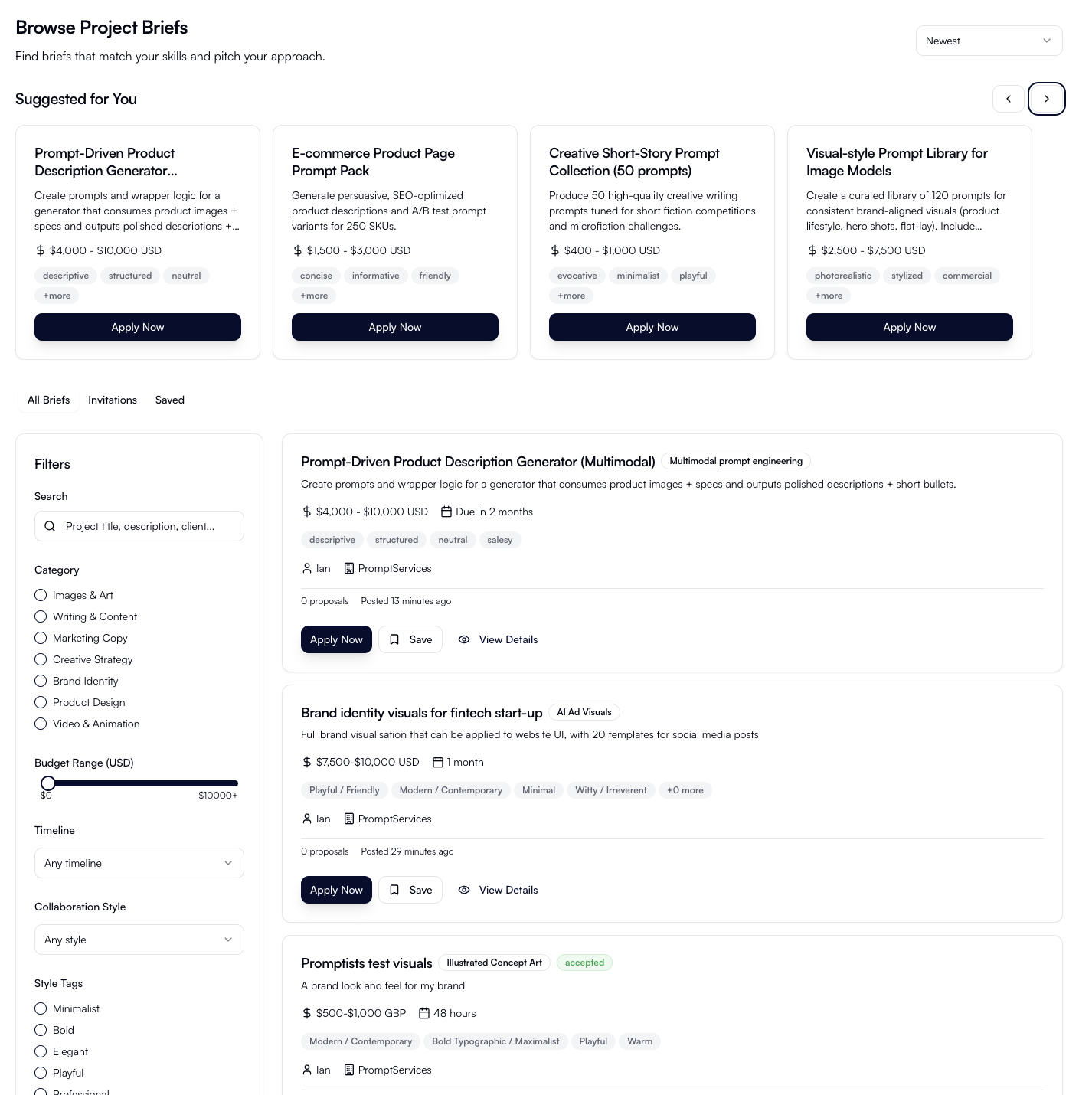 Browse project briefs interface showing available opportunities with filters and application options